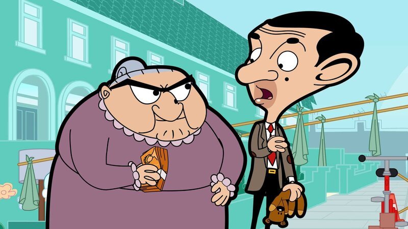 L-R: Mrs. Wicket (voiced by Sally Grace), Mr. Bean (voiced by Rowan Atkinson) – Bild: Boomerang (DE) /​ Tiger Aspect Productions 2014 Ltd