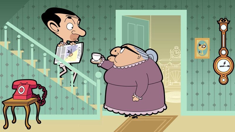 L-R: Mr. Bean (voiced by Rowan Atkinson), Mrs. Wicket (voiced by Sally Grace) – Bild: Boomerang (DE) /​ Tiger Aspect Productions 2014 Ltd