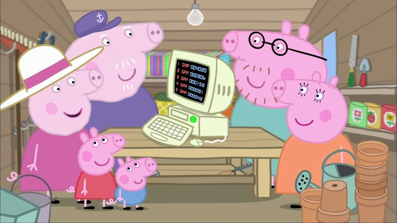 L-R: Granny Pig, Peppa Pig, Grandpa Pig, George Pig, Daddy Pig, Mummy Pig – Bild: Paramount