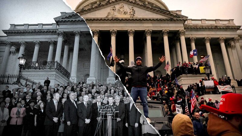Zwanzig Jahre Anti-Terror-Kampf nach 9/​11: Amerikaner am US-Kapitol vereint am 11. September 2001 und gespalten am 6. Januar 2021. – Bild: ZDF und Scott J. Ferrell/​Congressional Quarterly/​Getty Images; REUTERS/​Jim Bourg/​Scott J. Ferrell/​Congressional Q
