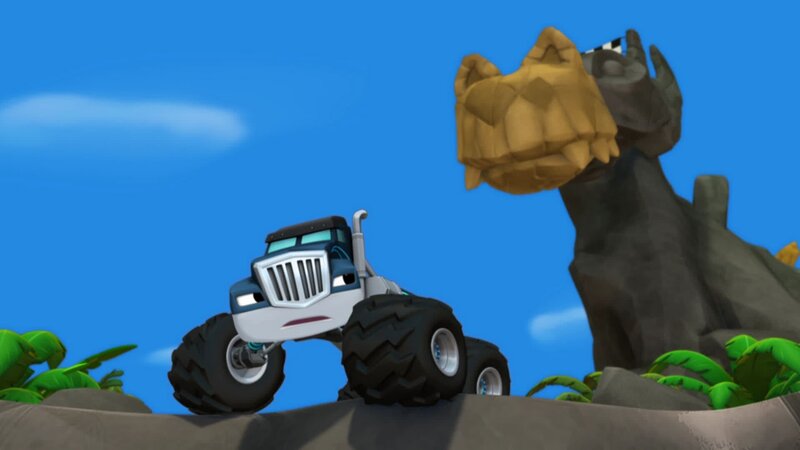 Beim Dracheninsel-Rennen tritt Crusher gegen Blaze an. Um ihn zu besiegen schummelt er mal wieder und sperrt Blaze vor dem Start in einer dunklen Höhle ein. – Bild: 2014 Viacom International Inc. All Rights Reserved. Nickelodeon, Blaze and the Monster Machines, and all related titles, logos, and characters are trademarks of Viacom International Inc.