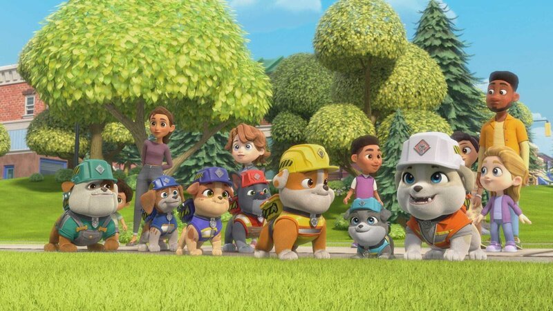 Die Crew, v.li.: Grandpa Gravel, Wheeler, Mix, Charger, Rubble, Motor, Auntie Crane – Bild: Paramount Die Crew, v.li.: Grandpa Gravel, Wheeler, Mix, Charger, Rubble, Motor, Auntie Crane – Bild: Paramount