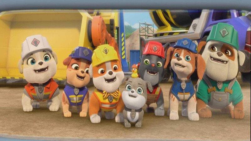 v.li.: Auntie Crane, Mix, Rubble, Motor, Charger, Wheeler, Grandpa Gravel – Bild: Paramount