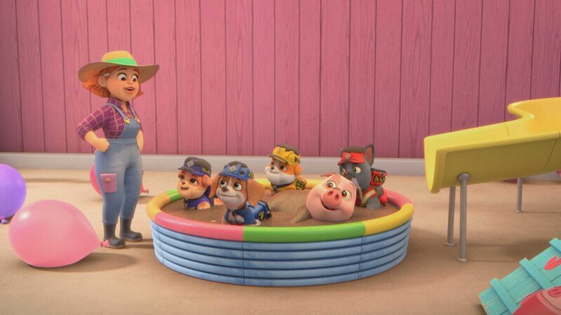 v.li.: Farmer Zoe, Mix, Wheeler, Rubble, Truffles, Charger – Bild: Paramount