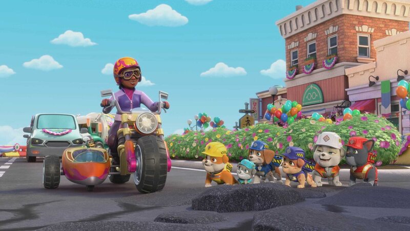 v.li.: Mr. Ducky Doo, Mayor Greatway, Rubble, Motor, Wheeler, Mix, Auntie Crane, Charger – Bild: Paramount