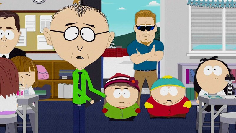 Mr. Mackey (4.v.l.), Heidi (m.), PC Principal (hinter), Eric (2.v.r.) – Bild: ViacomCBS