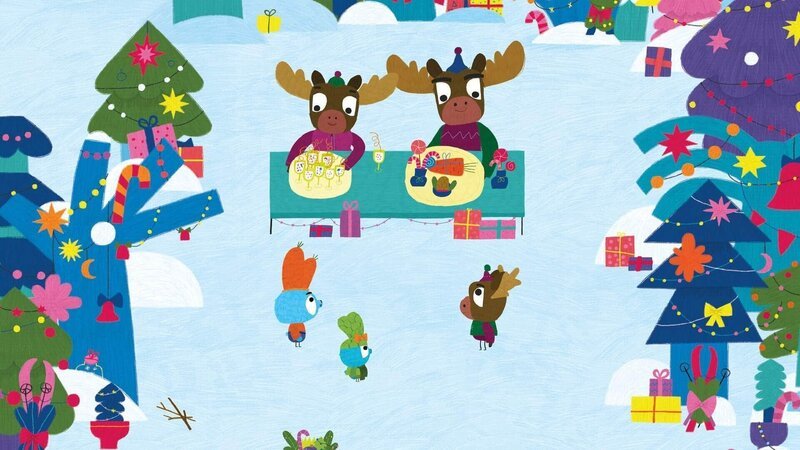 Am Neujahrstag ist die ganze Hasenbande bei Dwayne und seiner Elchfamilie zur großen Party im verschneiten Wald eingeladen. Dwayne erklärt seinen Freunden, dass man sich bei den Elchen „Ein fröhliches Schneejahr“ zum Jahresbeginn wünscht. – Bild: 2020 publishing house Glowberry Books LLC