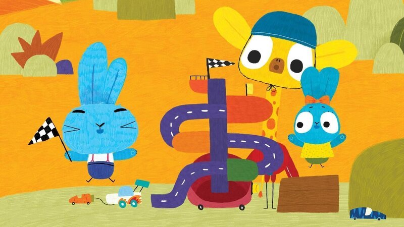 In der Savanne treffen Bop (li.) und Boo (re.) auf den Giraffen-Junge Jeff (mi.), der ein echter Rennauto-Narr ist! Bop und Boo treten mit Boos Möhrenauto gegen Jeffs Gewinnterauto „Champ“ an. – Bild: 2020 publishing house Glowberry Books LLC