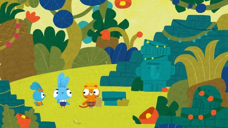 Im Dschungel helfen Bop (mi.) und Boo (li.) dem Tiger Garry (re.) dabei eine Schatzkarte zu entschlüsseln, die sein Vater für ihn gezeichnet hat. Das ist gar nicht so einfach, doch gemeinsam schaffen sie es natürlich! – Bild: 2020 publishing house Glowberry Books LLC