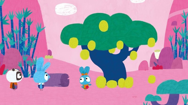 Nachdem das Panda-Mädchen Bao (li.) auf ihrer Bambusflöte spielt und diese gleich nach dem Spielen auffuttert, braucht sie ein neues Instrument. Bop (mi.) und Boo (re.) wollen ihr helfen. – Bild: 2020 publishing house Glowberry Books LLC