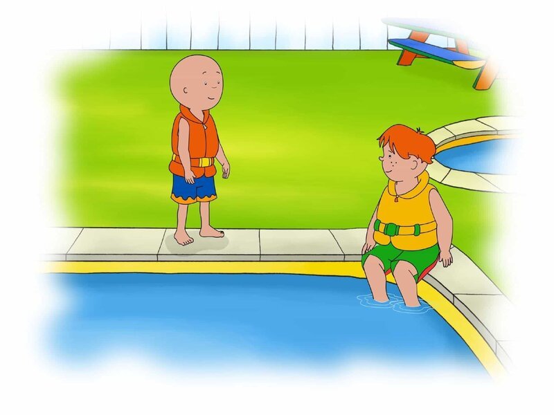 Caillou (li.) macht mit seiner Kindergartengruppe einen Ausflug ins Schwimmbad. – Bild: Super RTL
