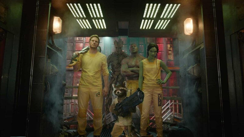 L-R: Peter Quill (Chris Pratt), Groot, Rocket, Drax (Dave Bautista), Gamora (Zoe Saldana) – Bild: Marvel 2014 Lizenzbild frei