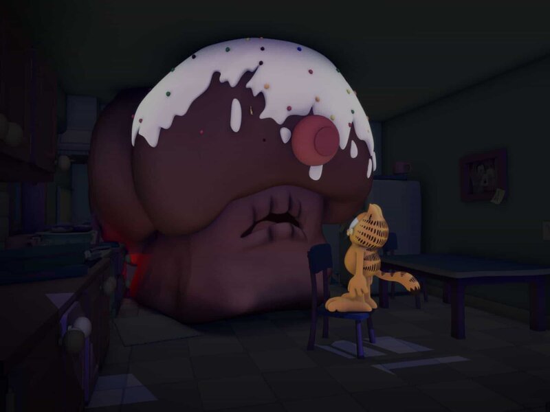 Jon backt für Odie einen Geburtstagskuchen. Heraus kommt ein Monsterkuchen, der Jon, Odie und Garfield verfolgt. – Bild: KiKA