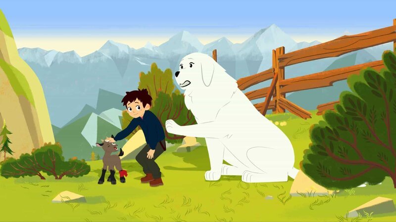 Sebastian (Mitte) tauft das kleine verletzte Zicklein (links) auf den Namen Söckchen. – Bild: ZDF/​Gaumont Animation/​PP Animation III Inc.