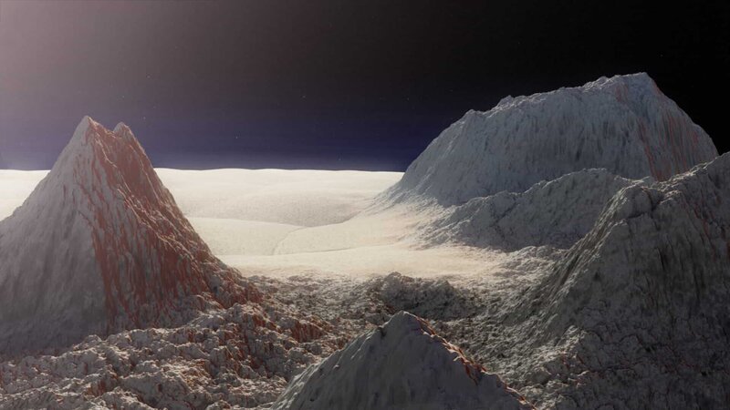 Auf Plutos Oberfläche finden sich Berge aus Wassereis und Ebenen aus gefrorenem Stickstoff. – Bild: ZDF und 3DD Productions./​3DD Productions