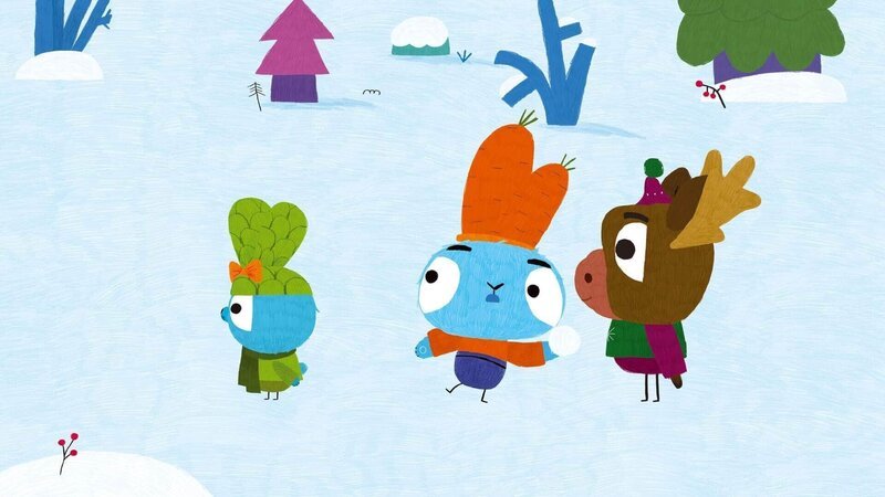 Im Kiefernwald ist der erste Schnee gefallen und Elch Dwayne (re.) zeigt Boo (li.) und Bop (mi.) was man alles Tolles im Schnee anstellen kann – zum Beispiel eine lustige Schneeballschlacht! – Bild: 2020 publishing house Glowberry Books LLC