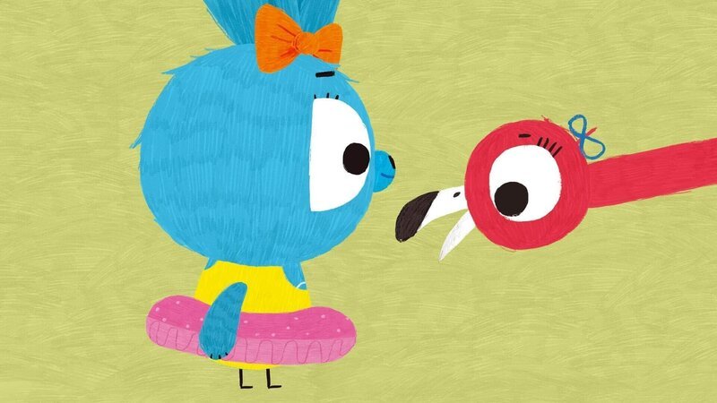 Am Strand lernen Bop und Boo (li.) das Flamingo-Mädchen Carmen (re.) kennen, die unbedingt Primaballerina werden möchte. Boo überredet Carmen, ihr und Bop auch das Balletttanzen beizubringen. – Bild: 2020 publishing house Glowberry Books LLC