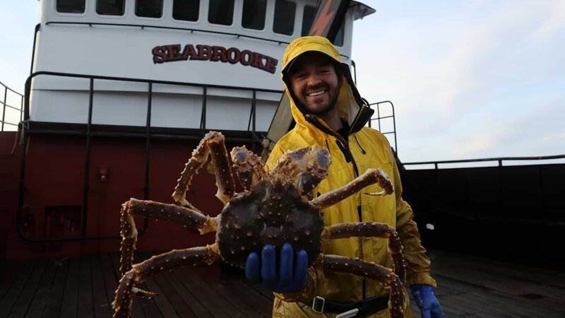 Seabrooke greenhorn Tom Monschein holding crab. – Bild: For merchandising, publishing & ancillary products, check talent contract, appearance & property releases.