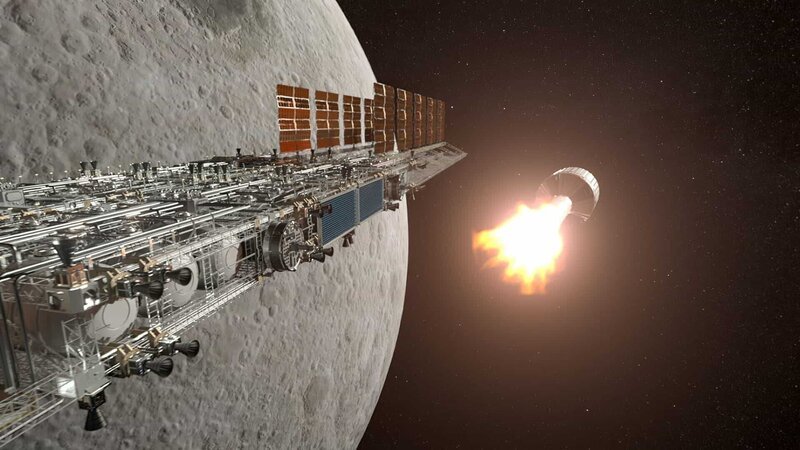 Asteroiden könnten Rohstoffe für Raketentreibstoff liefern. Weltraumtankstellen im Mondorbit würden Reisen zum Mars deutlich vereinfachen. – Bild: WeltN /​ FOTO: Windfall Films Ltd. /​ WeltN24 GmbH
