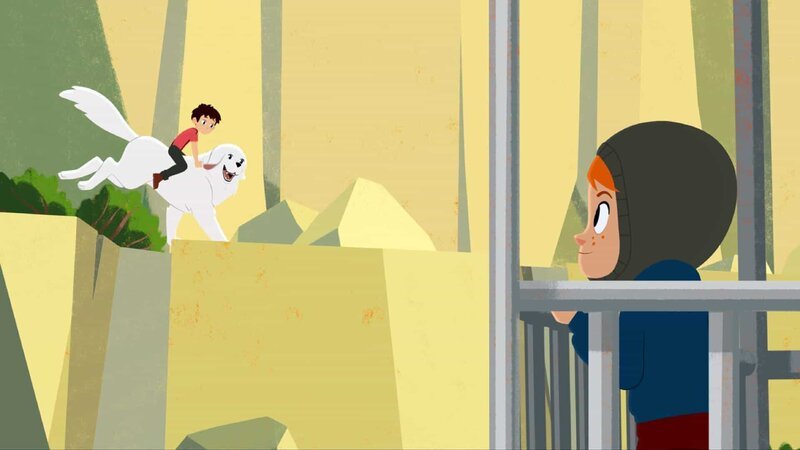 Sören (M.) soll aus dem fahrenden Zug auf Belle (l.) aufspringen. Sebastian (r.) hilft ihm dabei. – Bild: ZDF/​Gaumont Animation/​PP Animation III Inc.