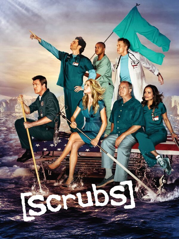 (8. Staffel) – Auf zu neuen Ufern: (v. oben l. n. unten r.) J.D. (Zach Braff), Turk (Donald Faison), Dr. Phil Cox (John C. McGinley), Hausmeister (Neil Flynn), Elliot (Sarah Chalke), Dr. Bob Kelso (Ken Jenkins) und Carla Espinosa (Judy Reyes) … – Bild: Touchstone Television Lizenzbild frei