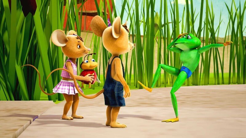 Gespannt hören die JoNaLus ihrem Freund Frosch Caruso zu. Bestimmt weiß er, wie man Käfer Ludwig von seinem heftigen Schluckauf befreien kann. – Bild: KiKA