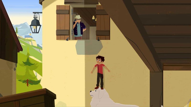 Heimlich hört Sebastian (rechts) wie der Reisetester mit seinem Verlag telefoniert. – Bild: ZDF/​Gaumont Animation/​PP Animation III Inc.