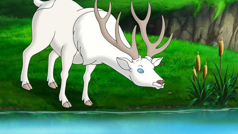Der weiße Hirsch macht Rast und ahnt nicht, dass er beobachtet wird. – Bild: ZDF und Kiddinx./​Kiddinx