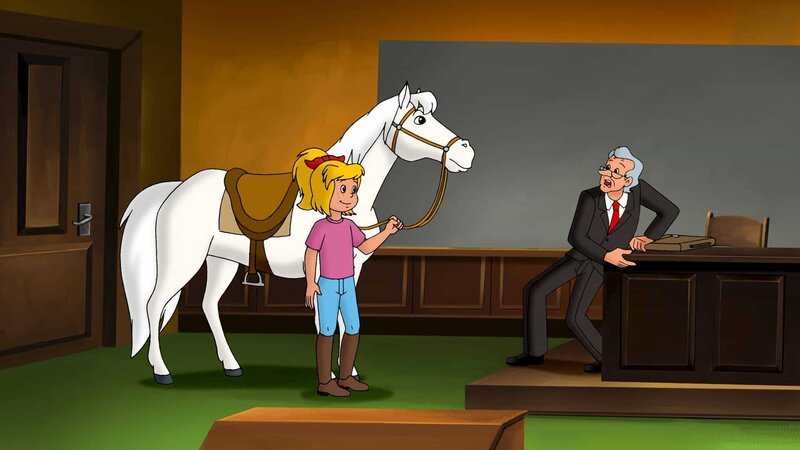Bibi hat Sabrina ins Klassenzimmer gehext, aber Lehrer Krähwinkel fürchtet sich vor Pferden. – Bild: ZDF und Kiddinx – Berlin/​Kiddinx – Berlin