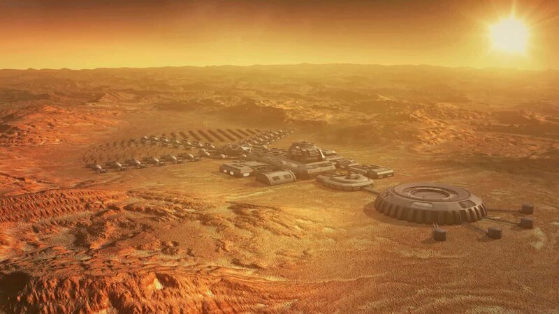 Siedlungen auf dem Mars müssten vor der ionisierenden Strahlung der Sonne künstlich abgeschirmt werden, da der Rote Planet, anders als die Erde, über keine ausreichend schützende Atmosphäre verfügt. – Bild: N24 Doku