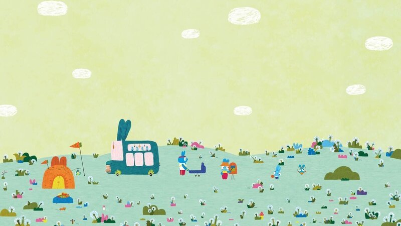 Der Frühling ist ausgebrochen und die Hasenfamilie macht einen Ausflug in die Prärie, wo Bop und Boo auf ihre Fuchfreundin Franny treffen. – Bild: 2020 publishing house Glowberry Books LLC
