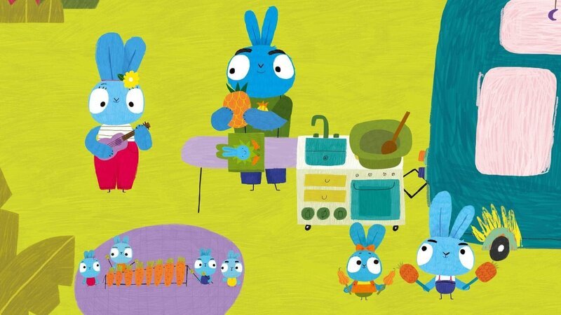 Die Hasenfamilie macht einen Ausflug in den Dschungel und Pa bereitet seine legendäre Möhren-Ananas-Marmelade für die Hasenbande zu. – Bild: 2020 publishing house Glowberry Books LLC