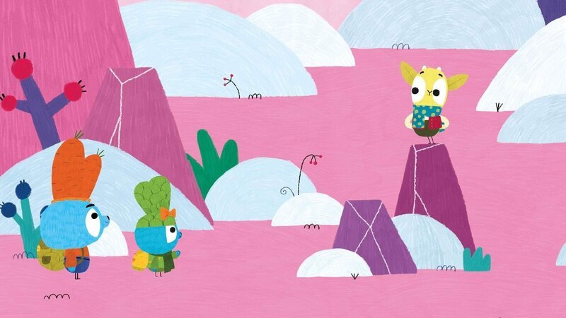 In den Bergen treffen Bop (li.) und Boo (mi.) auf Hans (re.), die jodelnde Bergziege und den absoluten Kletterweltmeister! Er nennt sich selbst den „König der Berge“. – Bild: 2020 publishing house Glowberry Books LLC