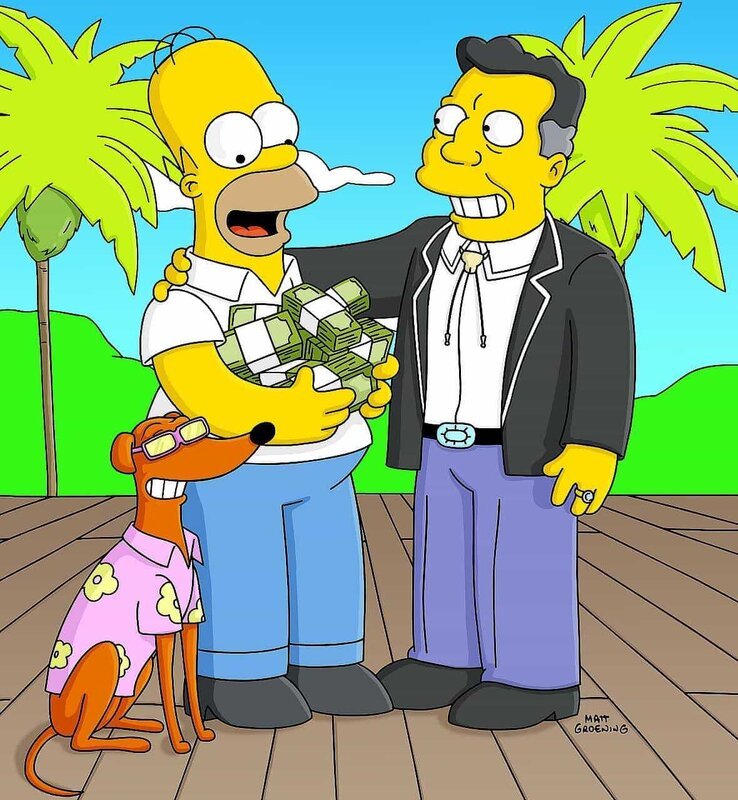 Homer Simpson (M.) winkt viel Geld und Ruhm, denn Knecht Ruprecht (l.) wird von H.K. Duff VII (r.) als neues Maskottchen der Duff-Brauerei auserwählt … – Bild: ©Twentieth Century Fox Film Corporation. All rights reserved.