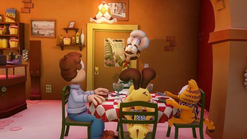 Garfield und Odie verkleiden sich als Jons Töchter, um in die Pizzeria zu kommen, in der Jon mit Liz zu Abend isst. – Bild: HR/​DARGAUD MEDIA