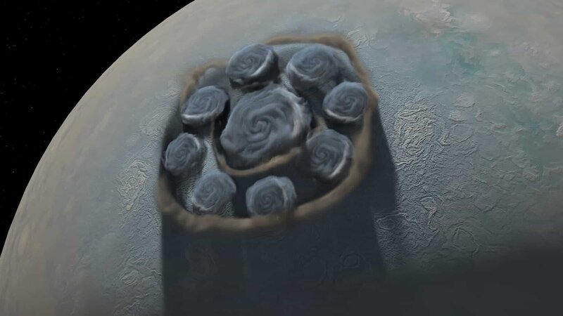 Über dem Nordpol des Jupiter bewegen sich mehrere Zyklone in der Form eines Achtecks. – Bild: Science Channel