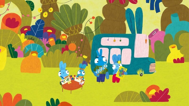 Die Hasenbande macht einen Ausflug in den Dschungel, wo Bop und Boo ein Chamäleonmädchen kennenlernen. – Bild: 2020 publishing house Glowberry Books LLC