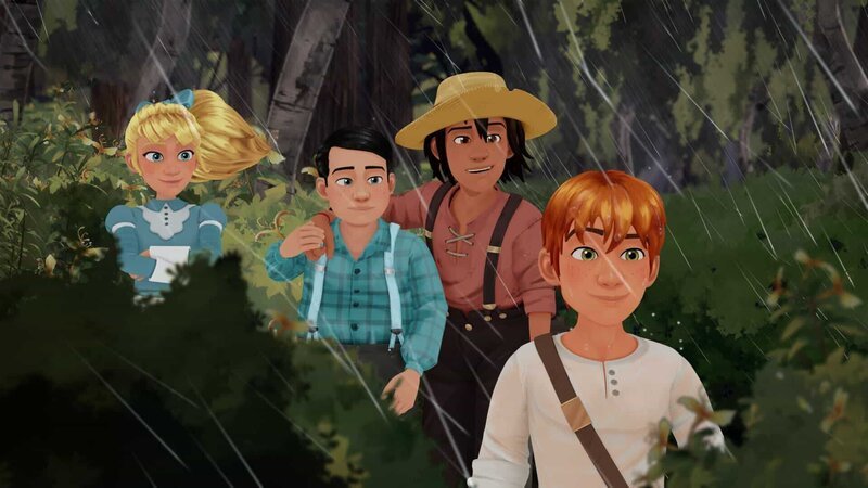 Becky, Ben, Huck und Tom sind im Wald unterwegs, als ein Sturm aufzieht. – Bild: HR/​2019 Cyber Group