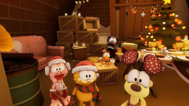 Mit Arlene richten Garfield und Odie ein weihnachtliches Festessen für streunende Hunde in der Nachbarschaft aus. – Bild: HR/​DARGAUD MEDIA