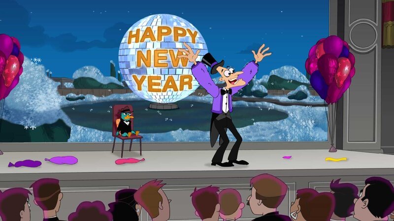 Die Neujahrsweltraumkugel: Phineas und Ferb wollen das Neue Jahr mit einer Sensation beginnen. Die zwei arbeiten an einer riesigen Kugel, die zu Silvester aus dem All auf die Erde hinabsteigen soll. Unterdessen besucht Candace ihre erste Erwachsenenparty. Aber auch dort kann sie dem Drang nicht widerstehen, die neueste Idee ihrer Brüder zu ruinieren. – Bild: Disney /​ © 2013 The Walt Disney Company Germany