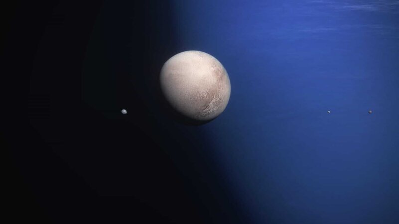 Triton ist einer von Neptuns 14 Monden. Er fällt gleich in vielerlei Hinsicht aus der Reihe. Während die anderen Monde den Planeten in seiner Rotationsrichtung umkreisen, hat Triton eine retrograde Umlaufbahn, er umkreist ihn also in die entgegengesetzte Richtung. – Bild: ZDF und NASA/​JPL-Caltech/​Lunar & Planeta./​NASA/​JPL-Caltech/​Lunar & Planeta