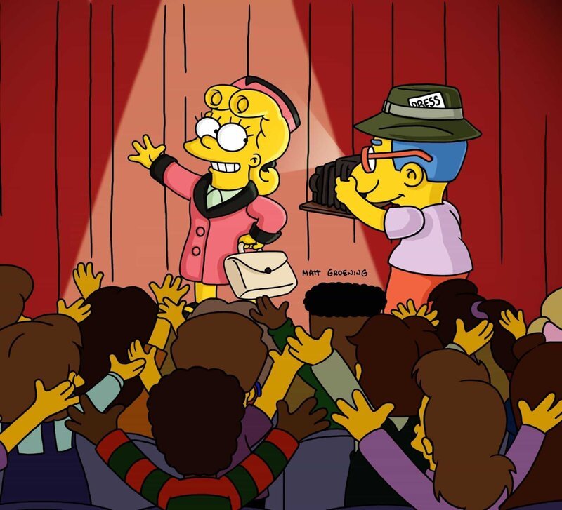„Die Simpsons“, „Die Perlen-Präsidentin.“ Lisa Simpson wird zur Schülerratspräsidentin gewählt. Zu spät erkennt sie, dass Rektor Skinner sie benützt, um die Schüler gefügig zu machen. Er schafft den Sport-, Musik- und Kunstunterricht ab und verlangt absoluten Gehorsam. Lisa ruft daraufhin zum Generalstreik auf. – Bild: 2003 FOX BROADCASTING Lizenzbild frei