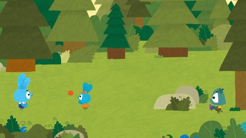 Im Wald spielen Bop (li.) und Boo (mi.) mit ihrem mitgebrachten Spielzeug, als sie den kleinen Wolf Woof (re.) treffen, der behauptet, dass er am liebsten alleine spielt. Aber die beiden Hasen machen ihm schnell klar, dass es viel schöner ist, wenn man zusammen mit Freunden spielt! – Bild: 2020 publishing house Glowberry Books LLC.