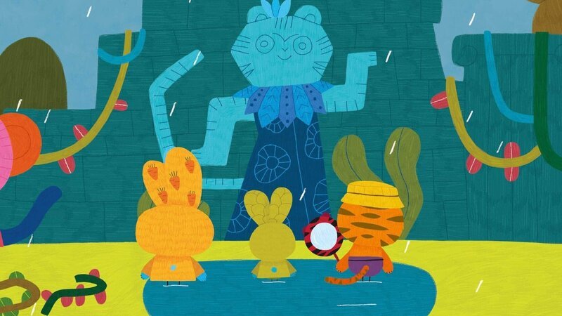 An einem regnerischen Tag treffen Bop (li.) und Boo (mi.) im Dschungel wieder auf ihren Tigerfreund Garry (re.). Zusammen mit ihm machen sie sich auf die Suche nach dem „Blauen Tiger“, einer Steinfigur aus längst vergangener Zeit, nach der Garry’s Papa, der mutige Forscher, schon so lange sucht. Schließlich finden die drei den blauen Tiger, aber er ist keine Steinfigur, sondern ein blaues Bild auf einer Mauer! – Bild: 2020 publishing house Glowberry Books LLC.