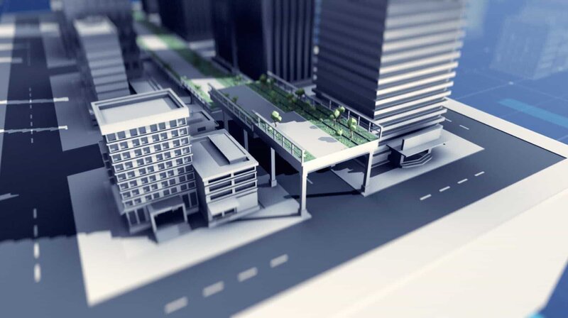Neben den bekannten Sehenswürdigkeiten von New York ist auch die ehemalige Güterzugtrasse interessant. Computeranimationen zeigen wie die Highline als Parkanlage genutzt werden kann.; 3D-Animation: High Line, New York – Bild: TVNOW
