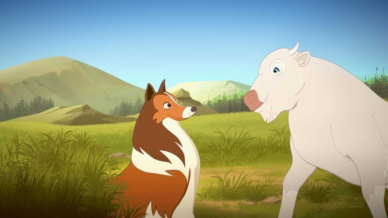 Lassie freundet sich mit dem weißen Büffelkalb (rechts) an. – Bild: ZDF/​Superprod/​ZDFE