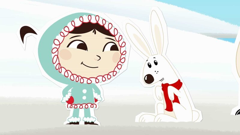 Inui hat Siggy Schneehase ihren roten Schal geschenkt. Der steht ihm wirklich ziemlich gut – und darauf ist er stolz. – Bild: ZDF/​JEP Animation