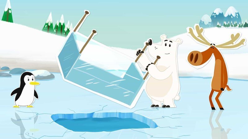 Als Inuis Bett ins eiskalte Wasser gefallen ist, kann Grumpel es nur noch als Eisblock herausziehen. Lissy und Hubert staunen. – Bild: ZDF/​JEP Animation