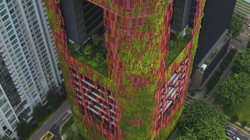 Moderne Architektur verbindet den kalten Baustoff mit der Natur: Beim „Oasia Hotel“ in Singapur verschmilzt der Stahlbeton mit selbst klimmenden Pflanzen, die das Bauwerk bald komplett überwuchern. – Bild: ZDF und Matthew Tomlinson./​Matthew Tomlinson