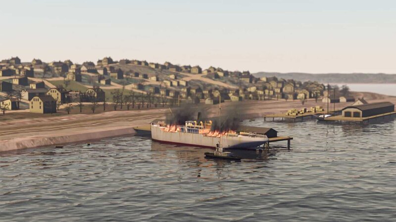 Zwei Schiffe stoßen im Hafen von Halifax zusammen, eines davon geht in Flammen auf. Der Brand verursacht eine verheerende Explosion. – Bild: ZDF und CBC Stock./​CBC Stock